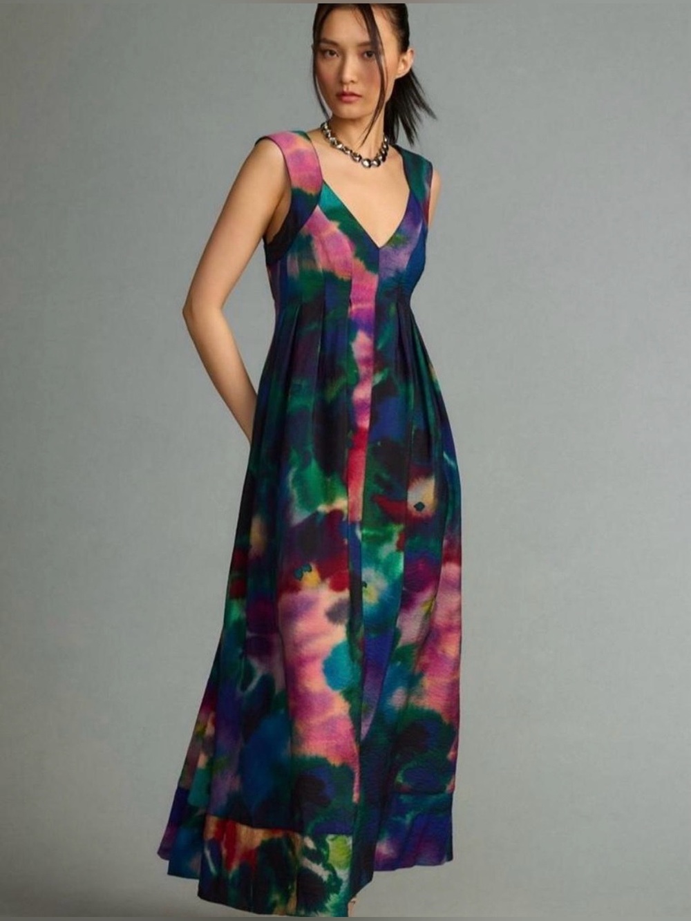 Anthropologie Multicolor Watercolor V-Neck Pleated Midi Dress Size 1X